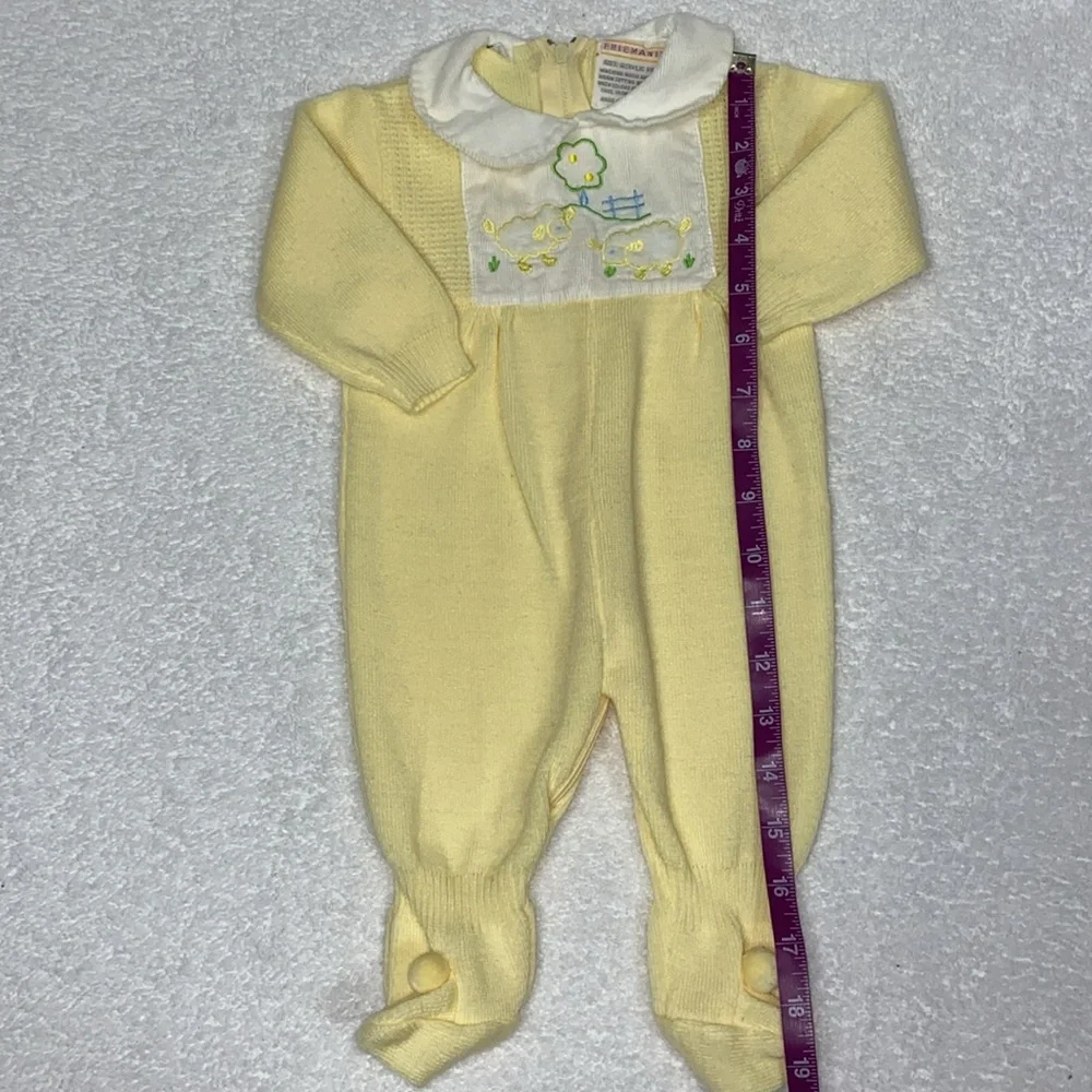 Vintage friemanit knit Yellow Kids sheep One Piece footed unisex play suit 6m - Picture 3 of 9